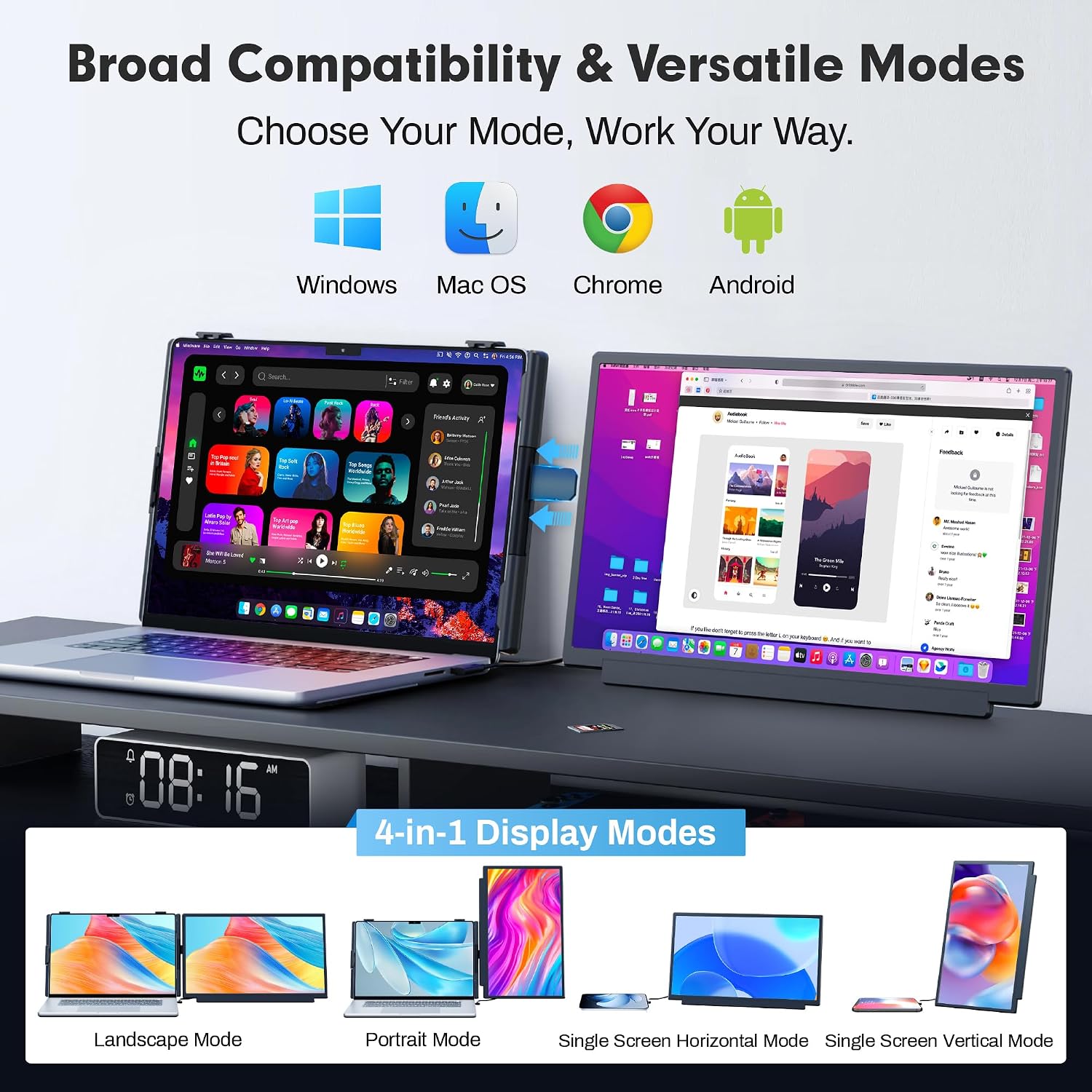 Upgraded Laptop Screen Extender, 15.6”Ultra-Thin Dual Portable Monitor with 4K UHD IPS, Detachable & 4-in-1 Modes, USB-C/HDMI Plug-Play Monitor Extender for Mac/Win/Android, Fits 13-17" Laptops - Image 4