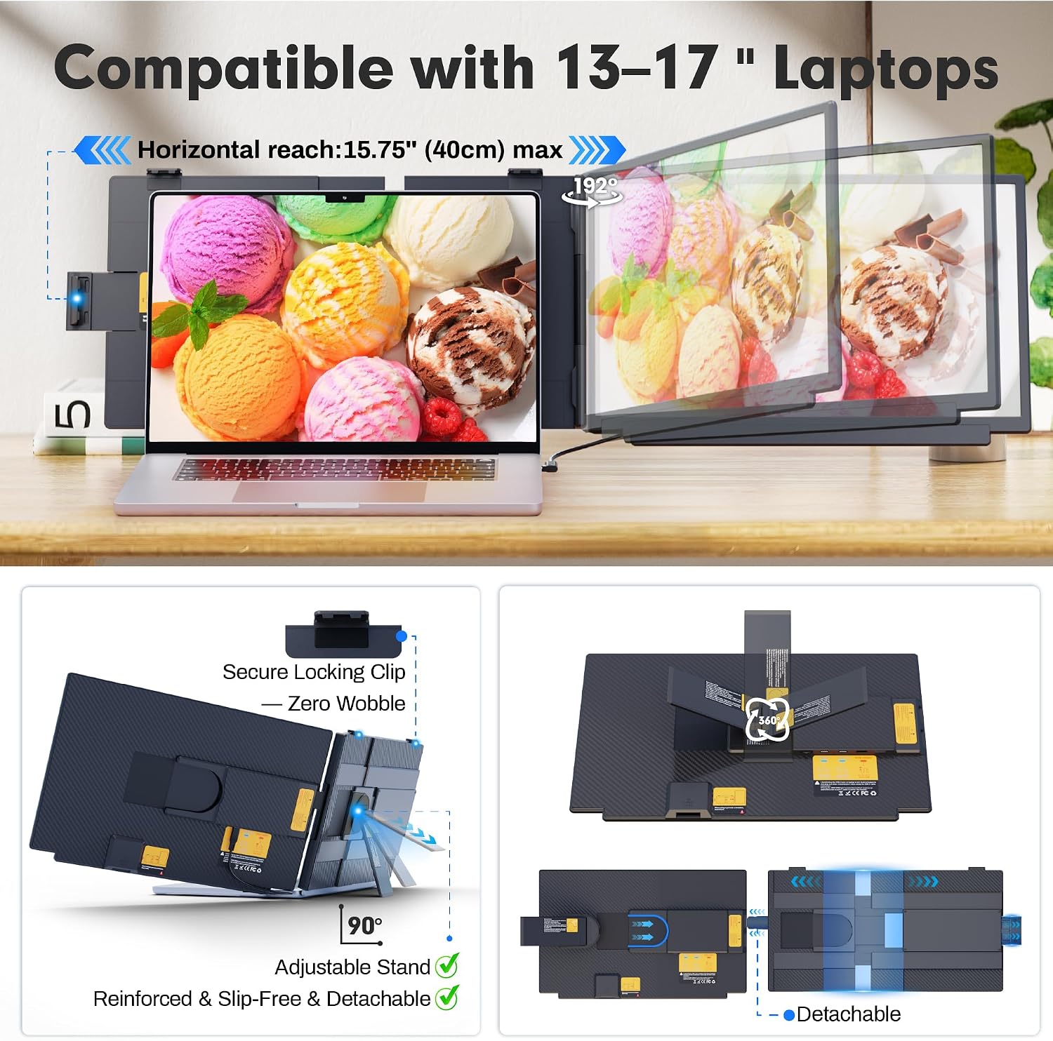 Upgraded Laptop Screen Extender, 15.6”Ultra-Thin Dual Portable Monitor with 4K UHD IPS, Detachable & 4-in-1 Modes, USB-C/HDMI Plug-Play Monitor Extender for Mac/Win/Android, Fits 13-17" Laptops - Image 7