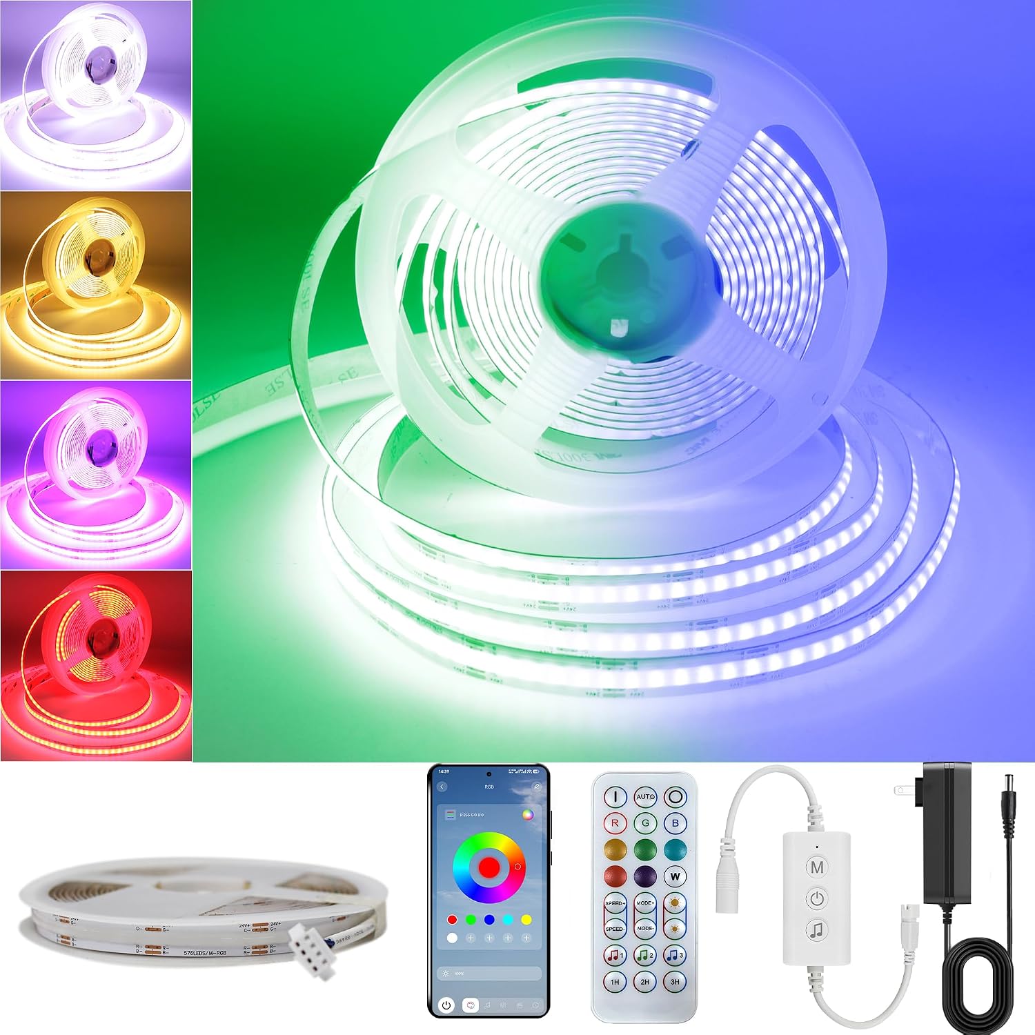 Pandery RGB COB LED Strip Light with Remote and app Control,Music Synchronized Color Change 24V RGB led Strip,25FT/7.5M,8mm Wide,Indoor RGB Lights for Bedroom,Game Room,Bar,Party