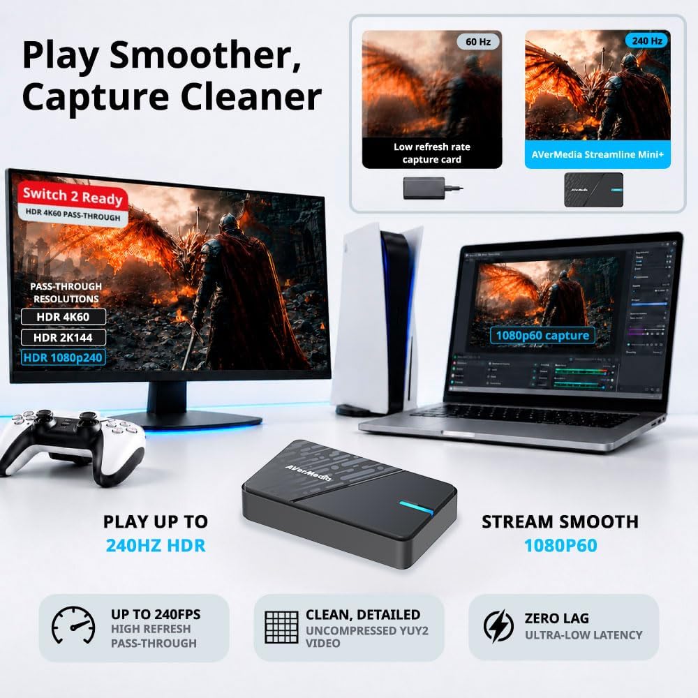 AVerMedia Capture Card for Streaming, 4K60 HDR Passthrough, 1080p60 Video Recording, Ultra-Low Latency Game Streaming for Switch 2, Xbox, PS5, PC on Twitch, OBS, Win11, Mac - StreamLine MINI+ GC311G2 - Image 8