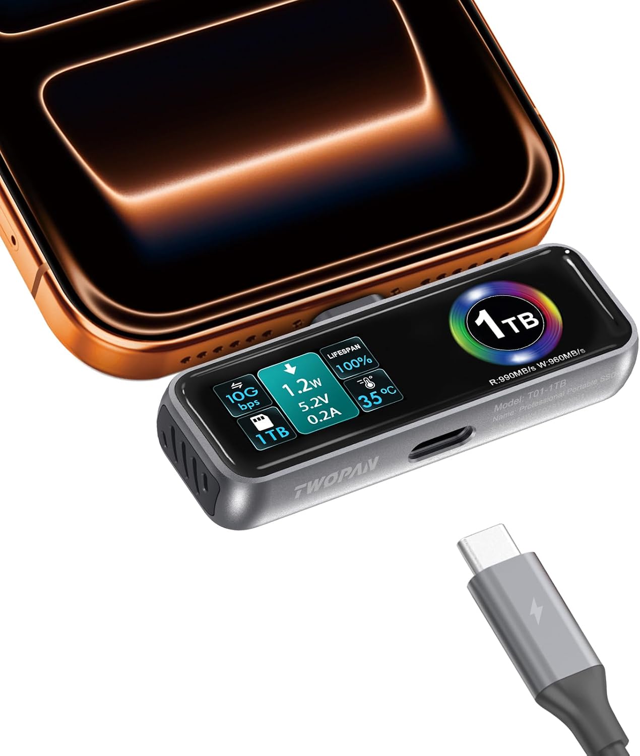 TWOPAN Magnetic Portable iPhone SSD for ProRes 4K 60fps Video, 1TB External Hard Drive Super Storage for iPhone 17/16/15 Pro/Pro Max, iMac/MacBook, LCD Display, USB-C PD 3.0 Port, Built-in Cooling Fan