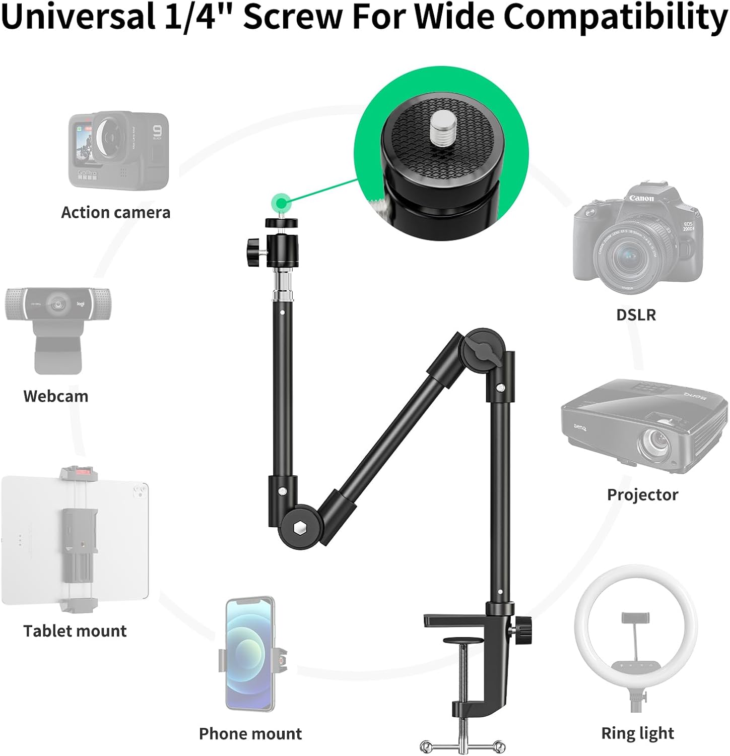 Webcam Stand Camera Desk Mount with Phone Holder & 5/8" Screw - 22" Flexible Projector Stand Gooseneck Desk Mic Stand for Logitech C922 C930e C920 C615 C960 Brio 4K, GoPro, Blue Yeti Snowball Ice - Image 4
