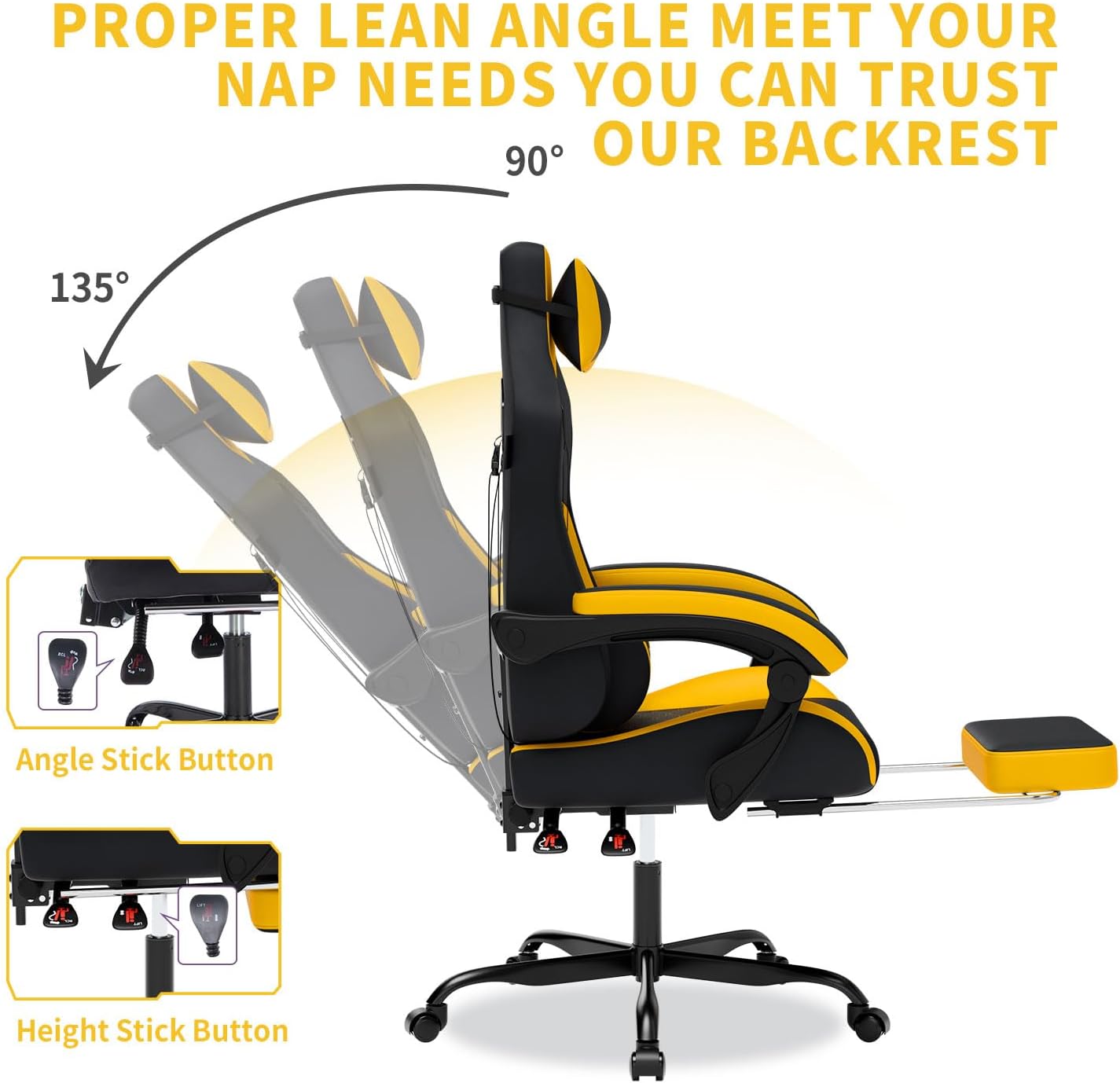 Gaming Chair with Massage,Ergonomic PC Gaming Chair with Footrest Comfortable Headrest and Lumbar Support,High Back Game Chair PVC Leather,300LBS (BlackYellow) - Image 3