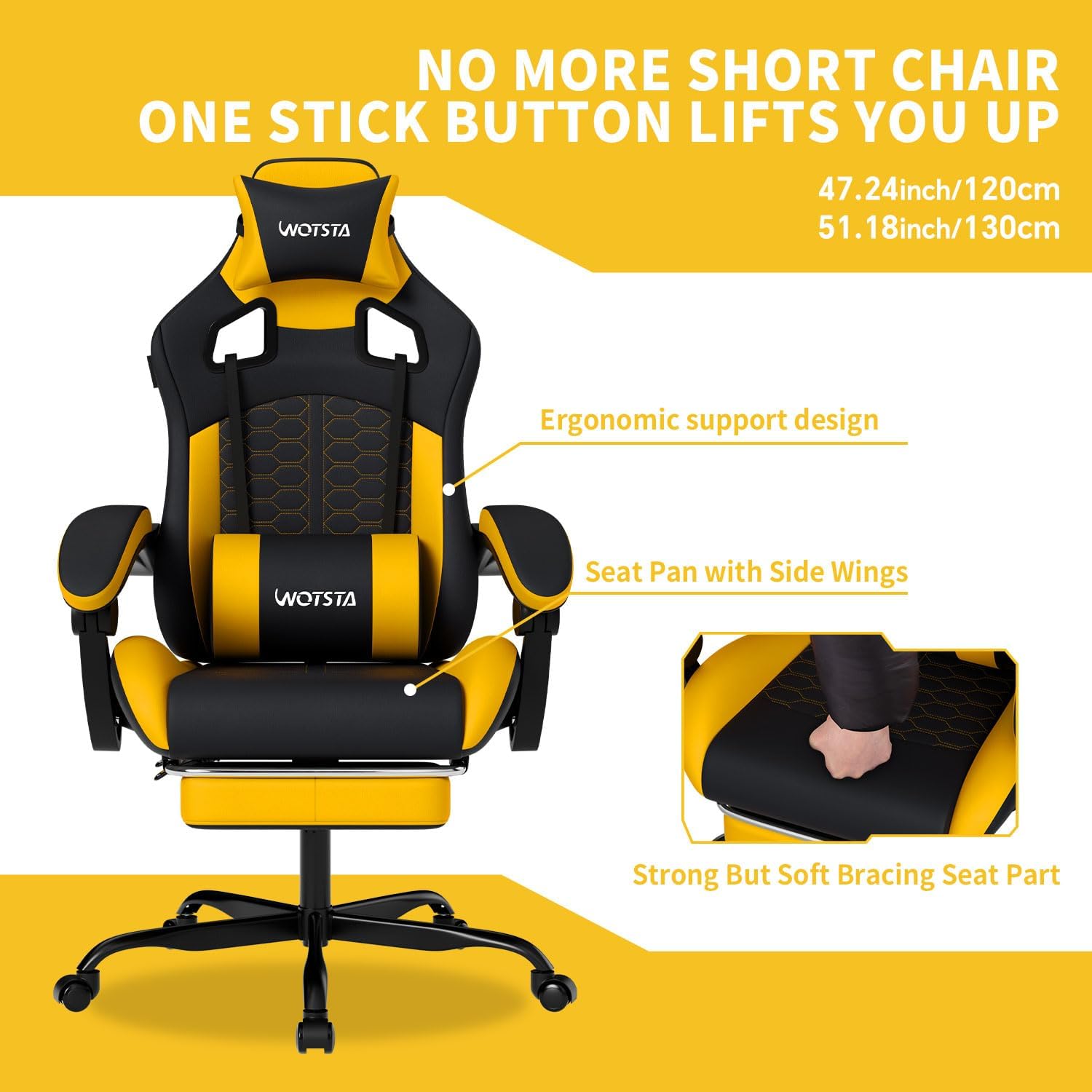 Gaming Chair with Massage,Ergonomic PC Gaming Chair with Footrest Comfortable Headrest and Lumbar Support,High Back Game Chair PVC Leather,300LBS (BlackYellow) - Image 5