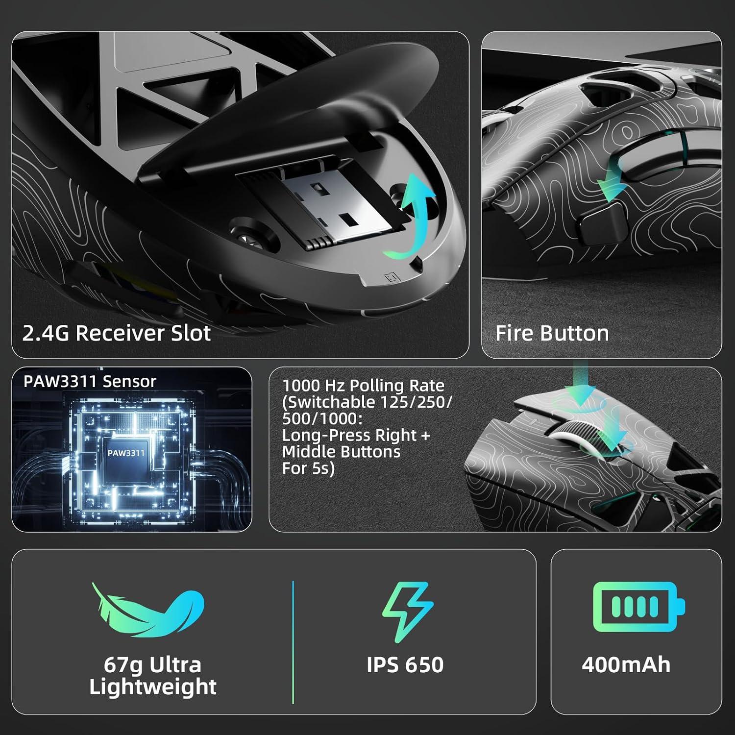 Aula SC620 Wireless Gaming Mouse, Tri-Mode 2.4GHz/USB-C/BT5.3 Computer Mouse with 12000 DPI, Programmable Macro Gamer Mouse with Rapid Fire Key, RGB Light Gaming Mice for PC/Laptop/Mac - Image 5
