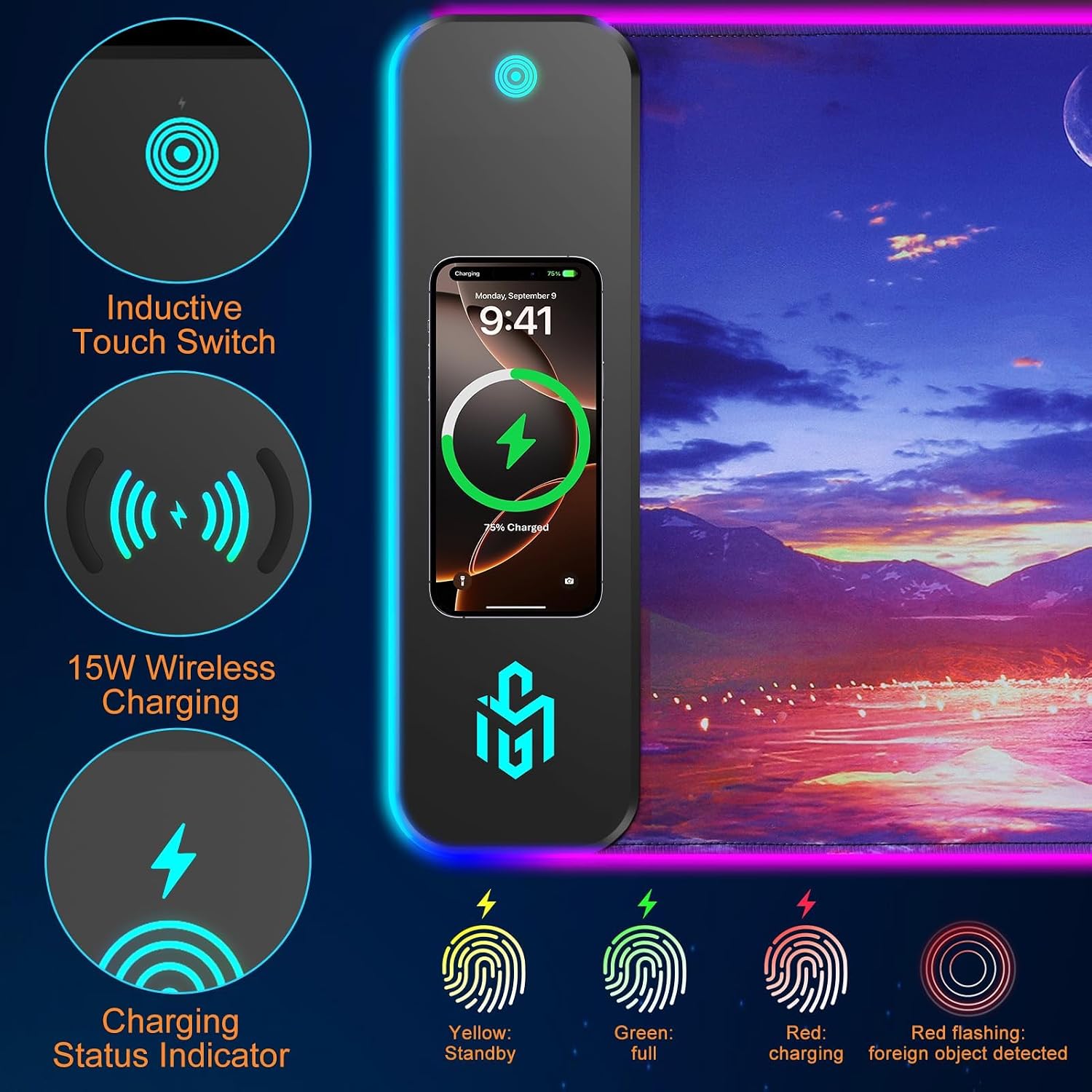 TARKARI Mouse Pad Gaming Wireless Charging, 800x300x4mm Extended Desk Mat with 10 RGB Light Modes, Non-Slip Rubber Base, Waterproof Computer Keyboard Mat for Gamer, PC, Laptop, Office, Twilight - Image 3