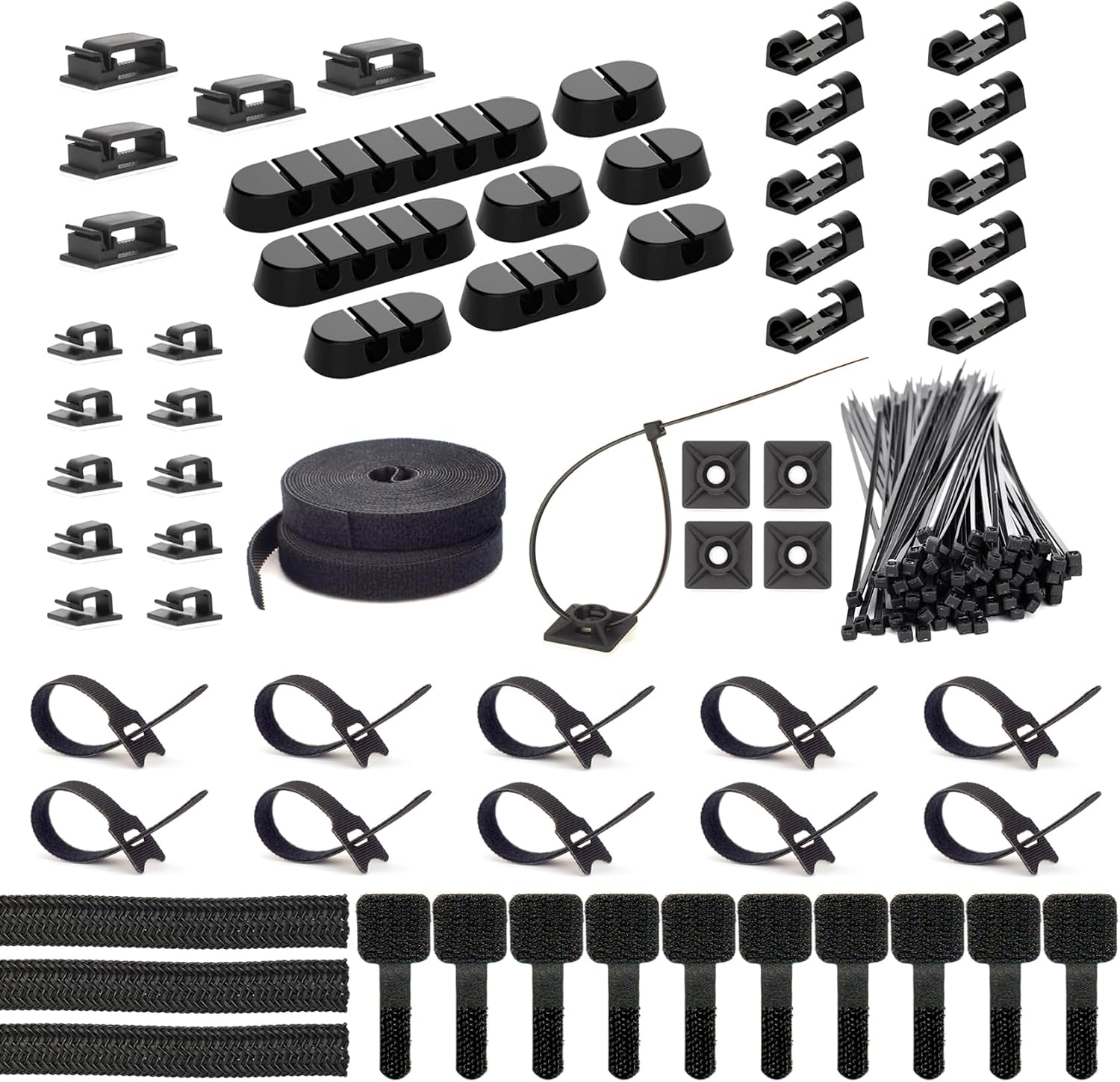 ZIIYAN 163 PCS Cable Management Kit, 3 Wire Organizer Sleeve, 8 Self Adhesive Cable Holder, 25 Cord Clips, 20+2 Roll Reusable Cable Straps and 100 Fastening Cable Ties for Computer TV Under Desk