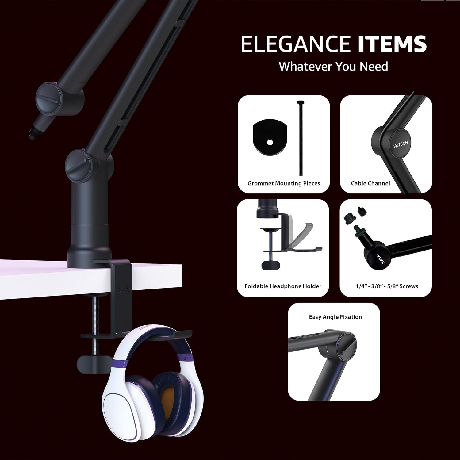 IXTECH Microphone Boom Arm with Desk Mount, 360° Rotatable, Adjustable and Foldable Scissor Mounting for Podcast, Video Gaming, Radio and Studio Audio, Sturdy and Universal - Elegance Model - Image 5