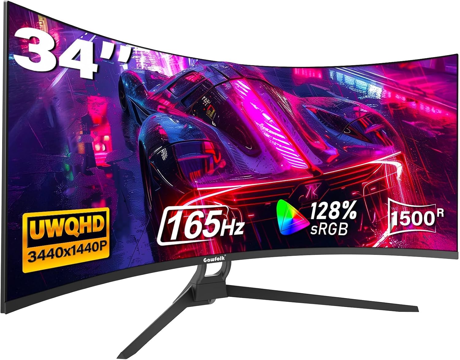 Gawfolk 34" Ultrawide Curved Gaming Monitor, UWQHD 3440x1440 165Hz 1500R