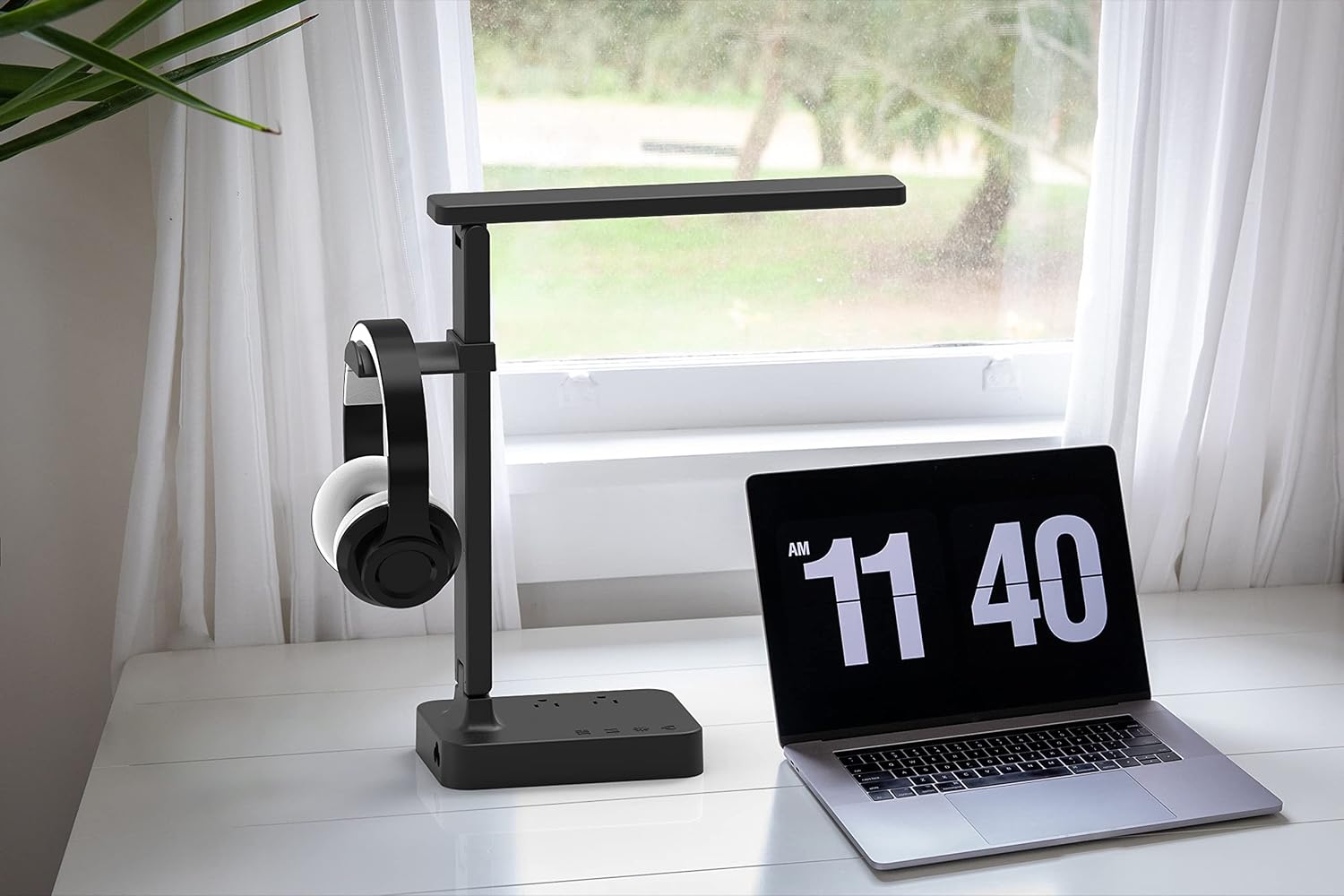 Drevet LED Desk Lamp with Headphone Stand, Desk Light with 1 USB Charging Port and 2 AC Power Outlet, 3 Lighting Modes, 3 Level Brightness,1H Timer, Memory Function, Eye-Caring Gaming Desk Lamp - Image 8