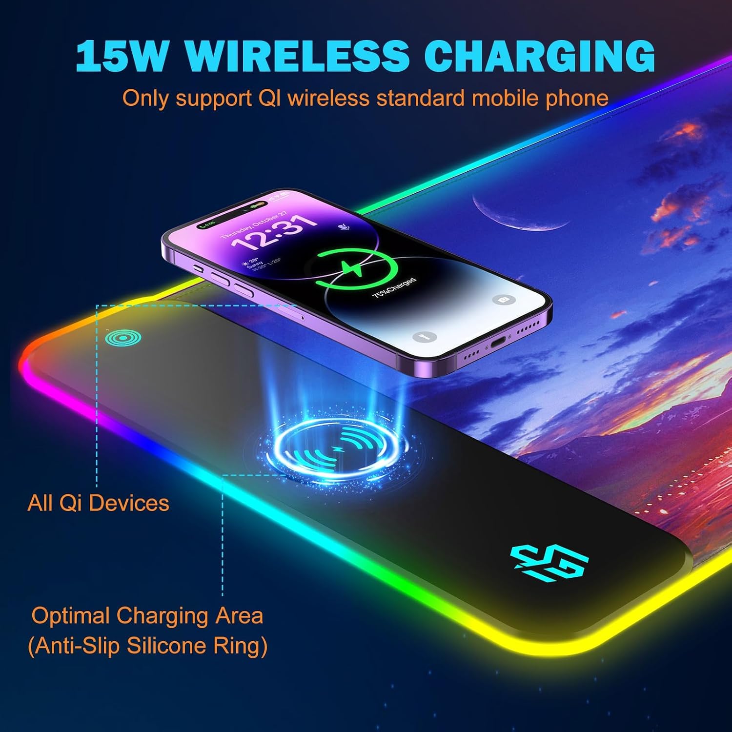 TARKARI Mouse Pad Gaming Wireless Charging, 800x300x4mm Extended Desk Mat with 10 RGB Light Modes, Non-Slip Rubber Base, Waterproof Computer Keyboard Mat for Gamer, PC, Laptop, Office, Twilight - Image 5