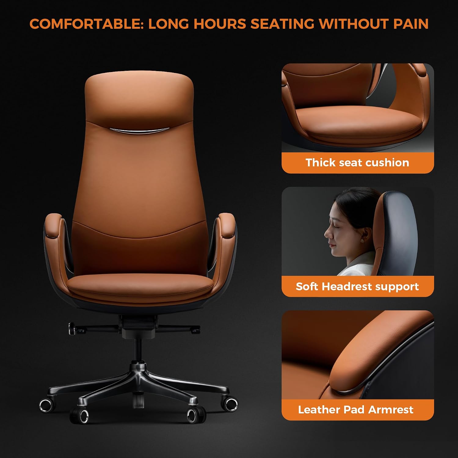 TOMU Top Grain Genuine Leather Executive Office Chair Brown, Luxury Office Chair with Aluminum Sturdy Base, High Back Ergonomic Boss Chair for Long Hours, Reclining and Rolling smoothly, (Brown) - Image 4