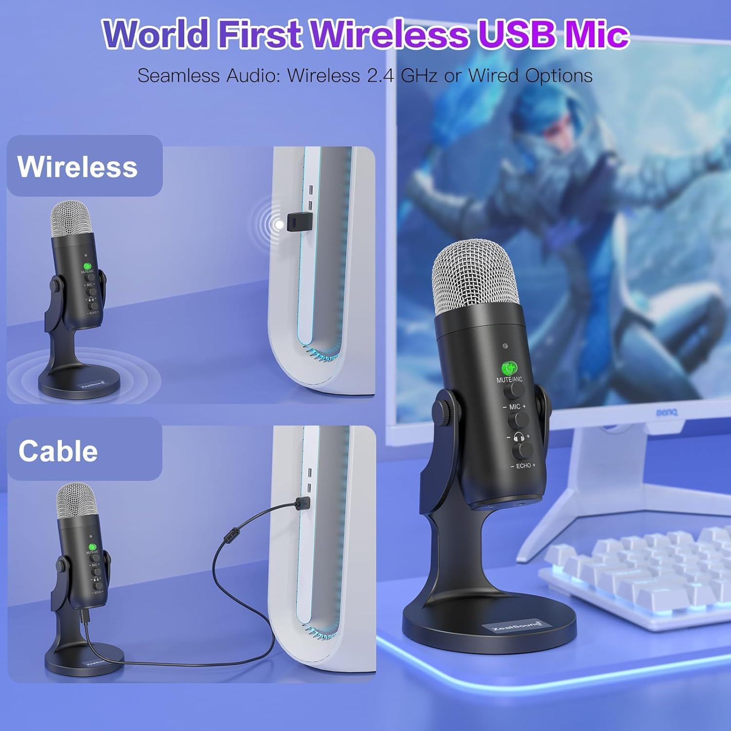 ZealSound Wireless Microphone for PC iPhone iPad & Android, Cordless USB Mic with Noise Cancellation, Mute, Gain, Echo & Zero-Latency Monitoring for Podcasting Streaming Gaming YouTube TikTok Video - Image 3