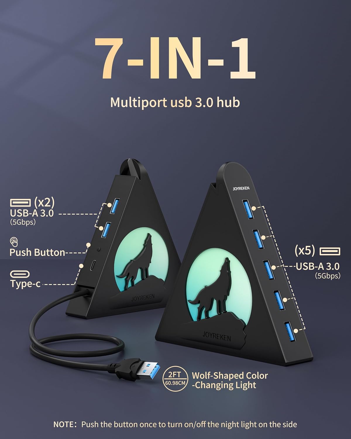 7-Port USB 3.0 Hub, Vertical USB Hub Splitter with RGB Lighting,5Gbps High-Speed Data Transfer and 2FT Extension Cable, Compatible with PC, MacBook, Laptop, PS5, Xbox, Flash Drive, Printer - Image 2