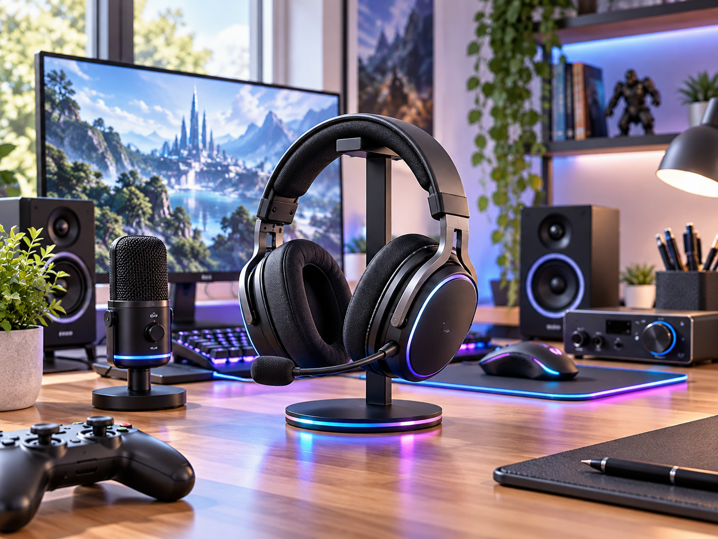 Gaming headset displayed on a bright gaming desk