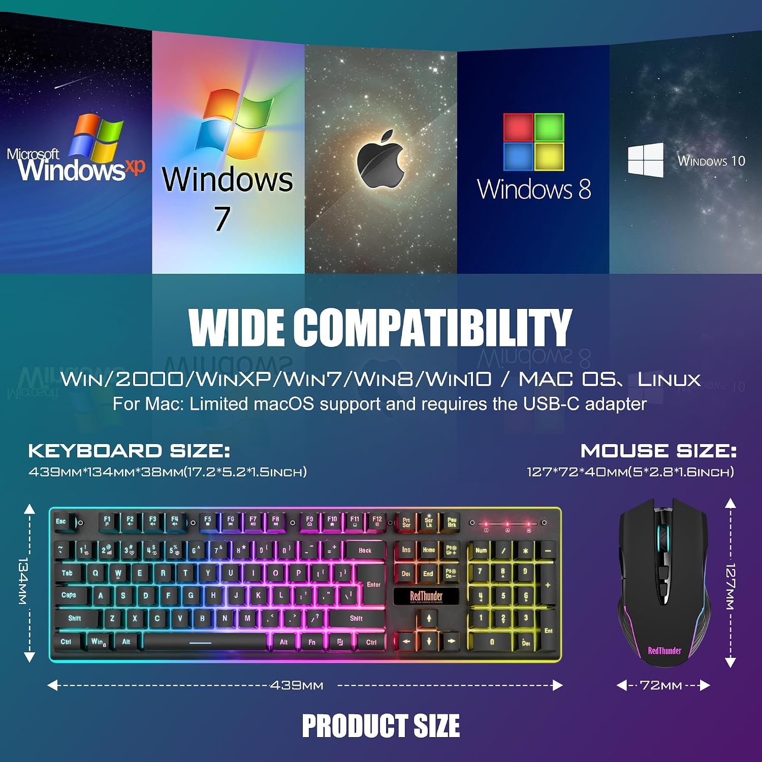 RedThunder K10 Wireless Gaming Keyboard and Mouse Combo, LED Backlit Rechargeable 3800mAh Battery, Mechanical Feel Anti-ghosting Keyboard + 7D 3200DPI Mice for PC Gamer (Black) - Image 7