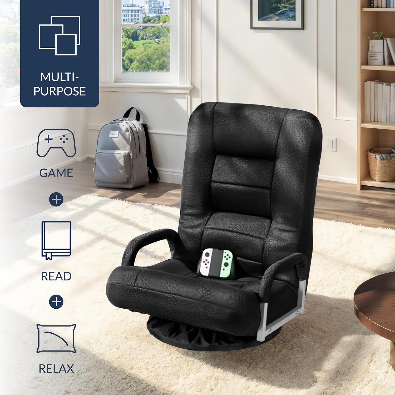 Best Choice Products Swivel Gaming Chair 360 Degree Multipurpose Floor Chair Rocker for TV, Reading, Playing Video Games w/Lumbar Support, Armrest Handles, Adjustable Foldable Backrest - Black/Black - Image 4