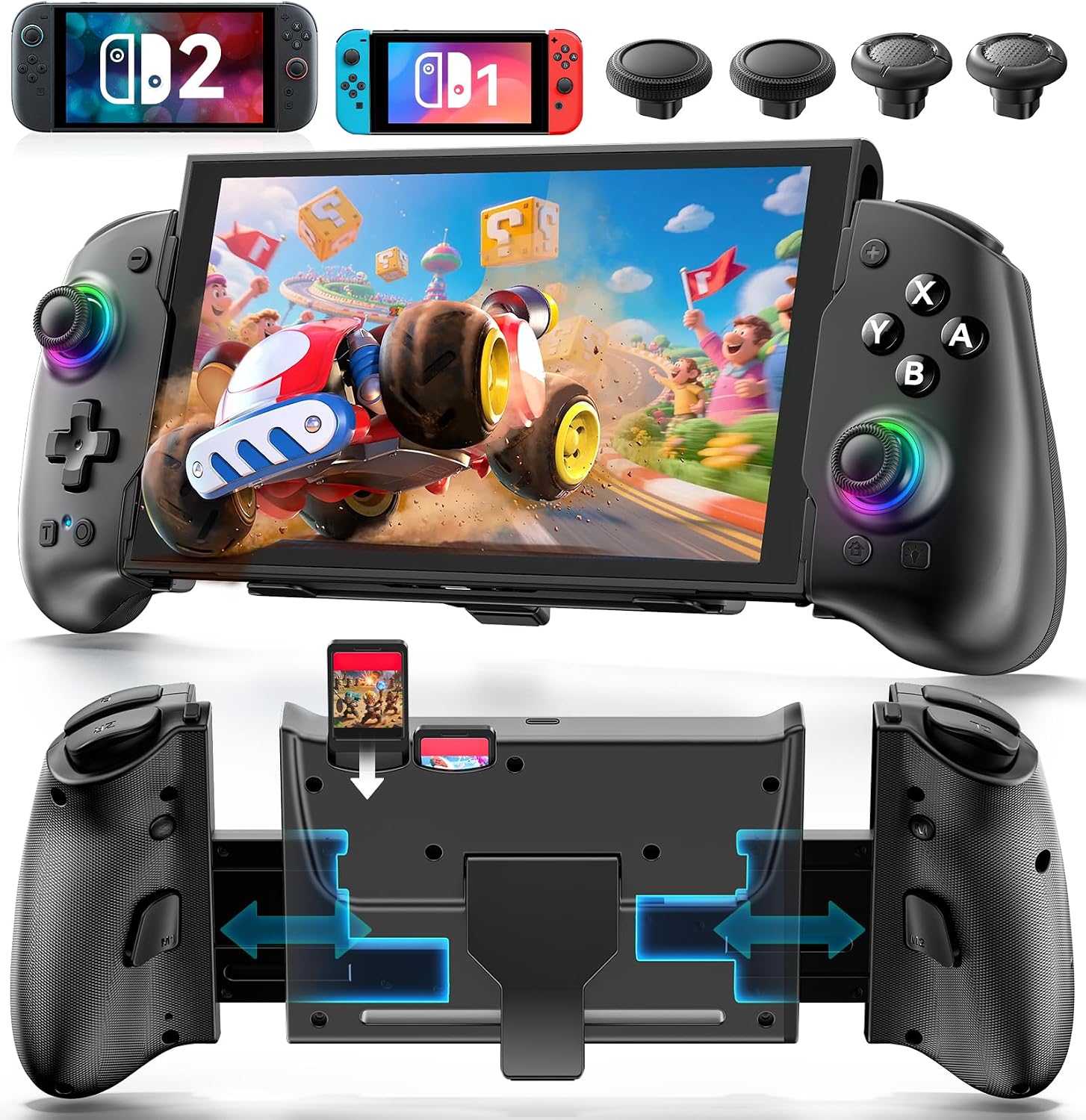 Switch 1/ 2 Controller for Original/ OLED/ Switch 2 Games Console, Stretchable Switch Handheld Joypad Ergonomic Grip for Nintendo Pro Controller with RGB Lighting, TMR Joystick, Turbo, 4 Macro - Black