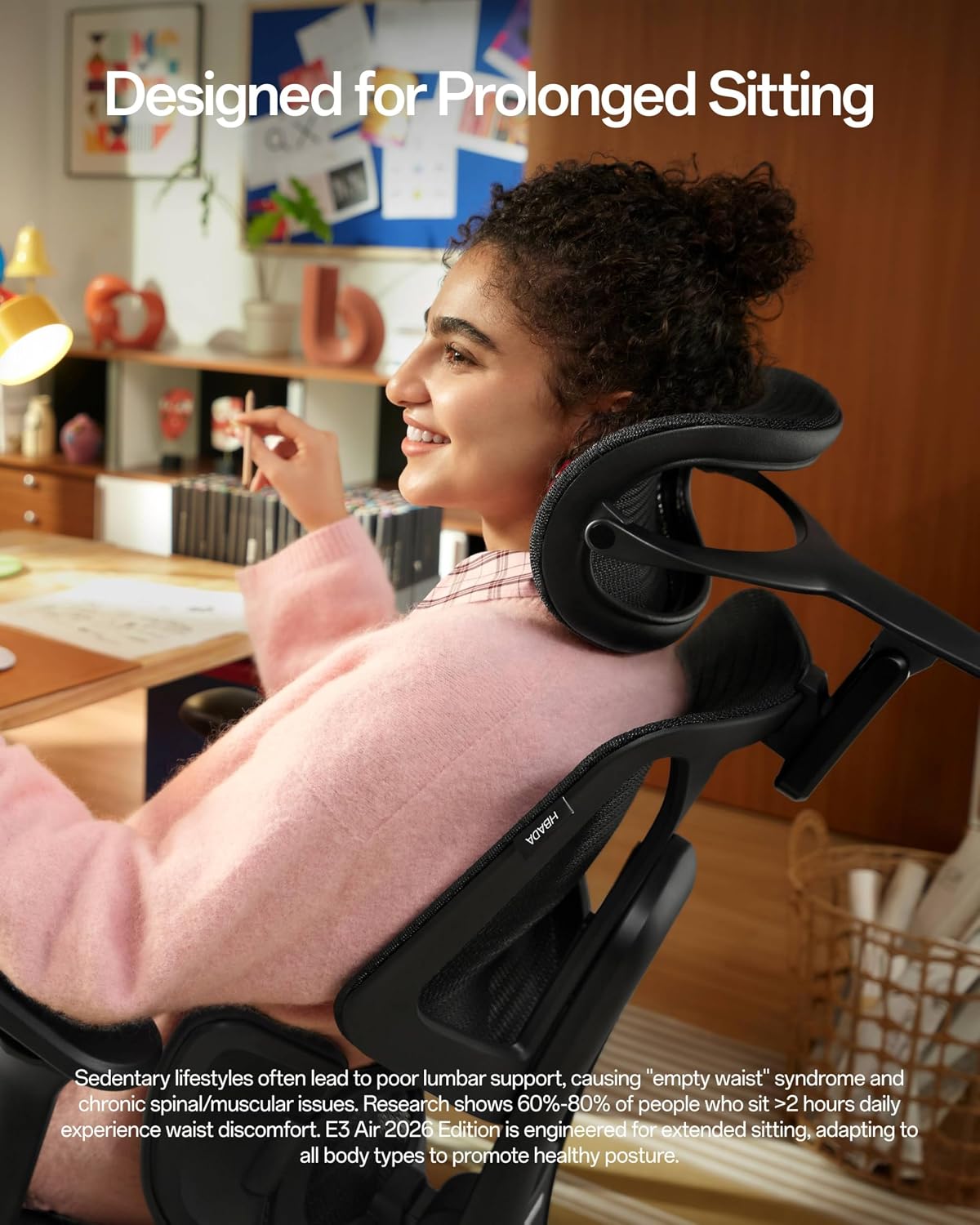 Hbada E3 Air 2026 Ergonomic Office Chair, 3-Zone Lumbar Support, Comfy Home Office Chair with Auto Recline, 4D Headrest & Armrests, 140° Tilt for Work & Relax, Black - Image 8